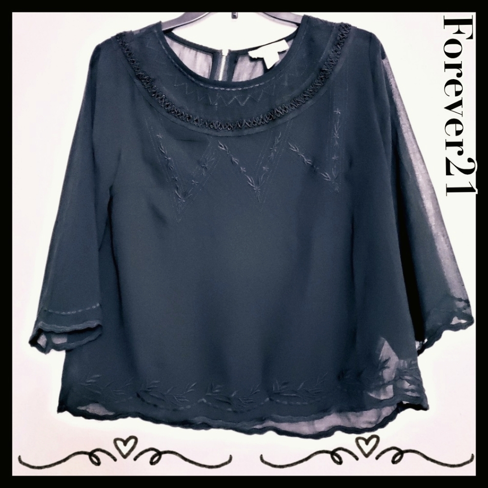 $  (3 for $15)Forever21:Size:M/Black Sheer Embroider Blouse